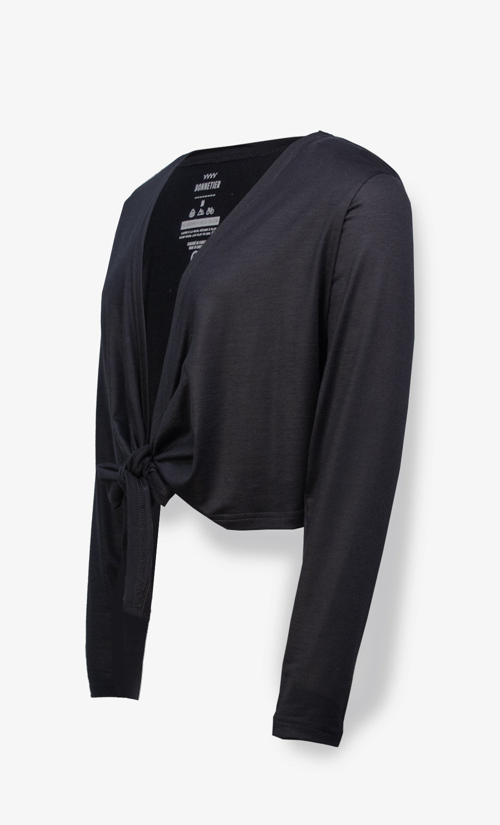 Cardigan noir en laine de mérinos Stretchwool pour femme avec manches longues et attache à nouer à l’avant, fabriqué au Canada