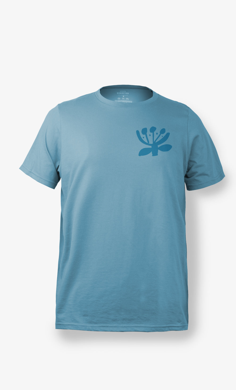 T-shirt femme turquoise en coton biologique avec imprimé fleur sur la poitrine Bonnetier made in Canada