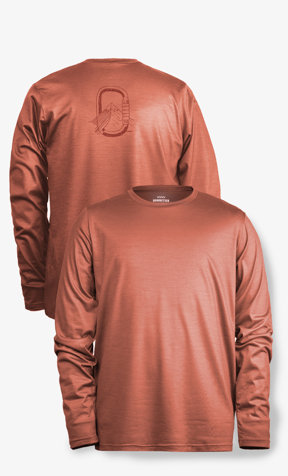 Manches Longues Homme Stretchwool Orange Brulé, Imprimé Montagne Mousqueton, Bonnetier