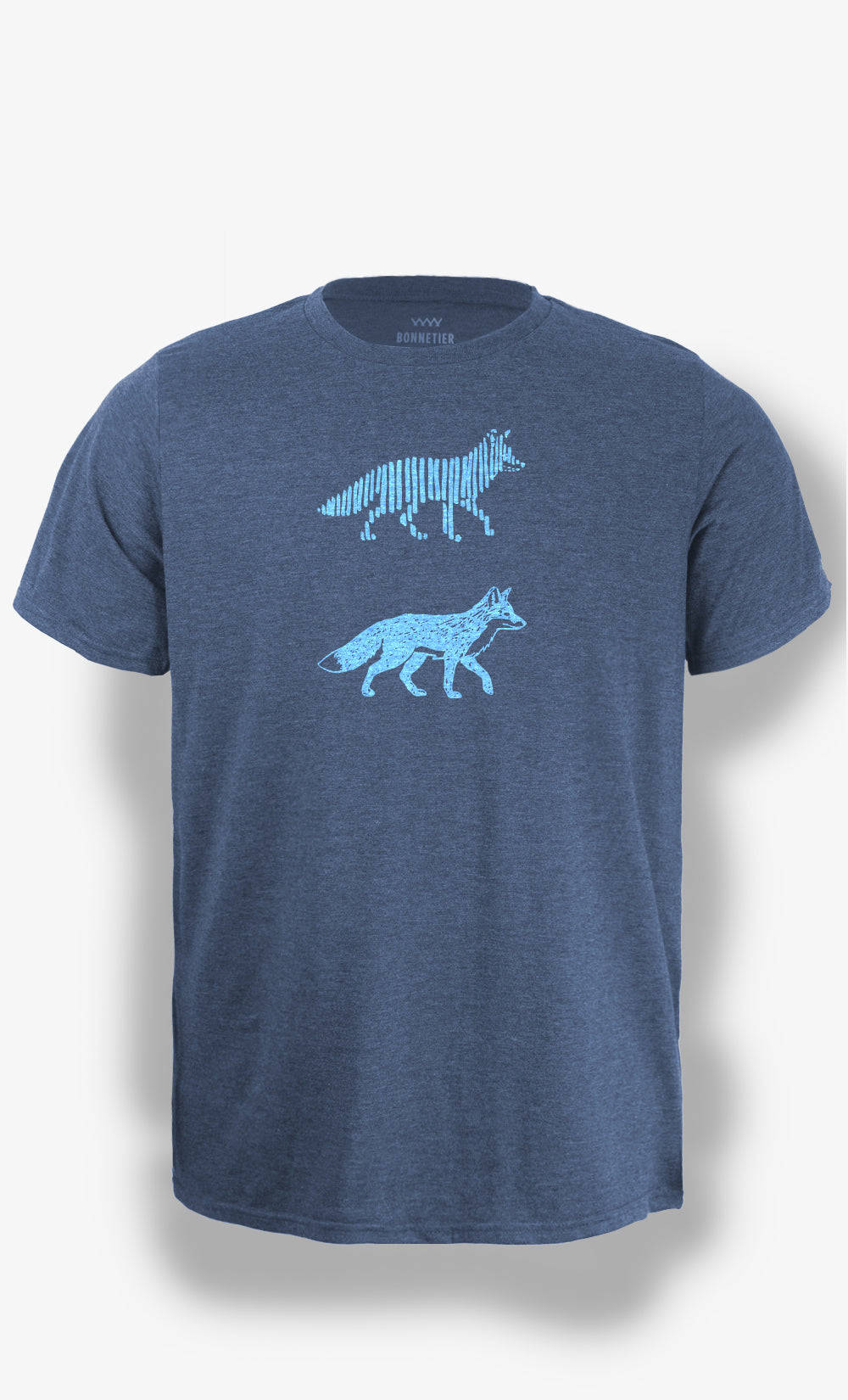T-Shirt Homme 50% coton et 50% polyester recyclé, bleu chiné imprimé deux renards, Bonnetier