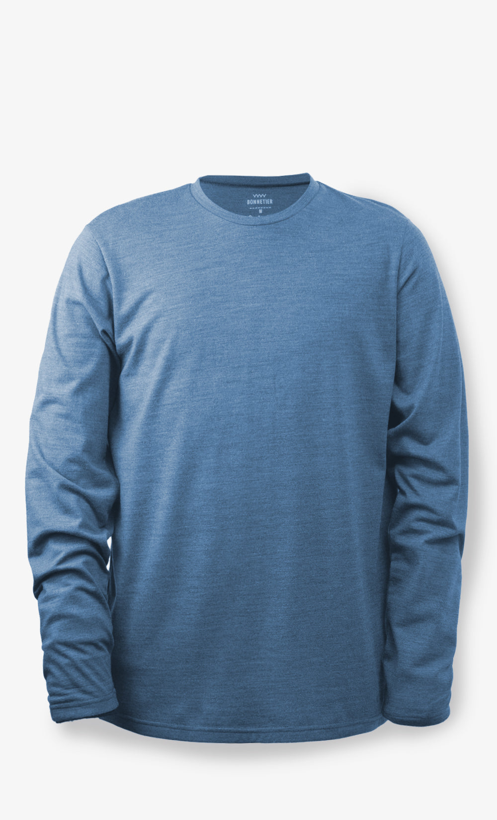 Chandail TechCrew Flanelle en laine mérinos bleu-gris chiné uni pour homme à manches longues, fabriqué au Canada.